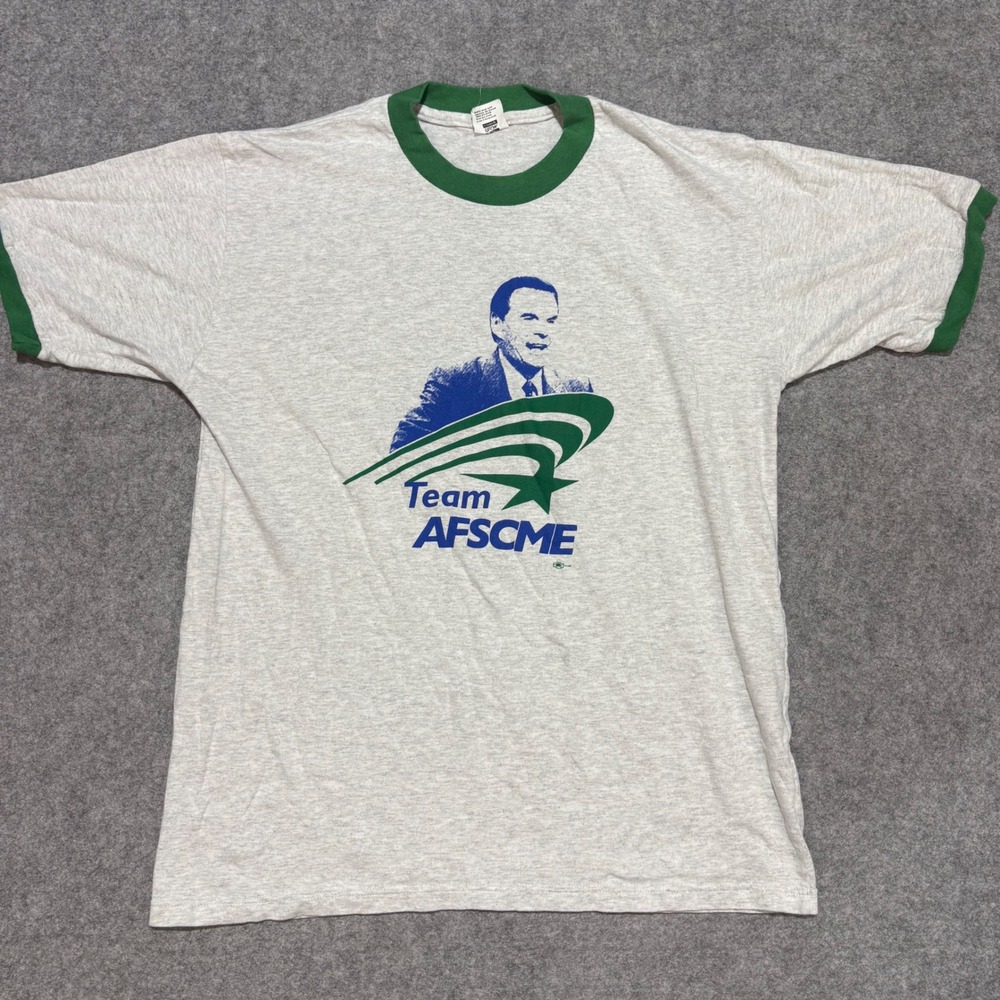 Vintage Union Line Team AFSCME McEntee 56 Ringer T-Shirt USA Made Gray Green L